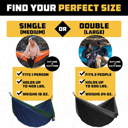 Hammock for Camping Double Hammocks Gear for the Outdoors Backpacking Survival or Travel - Portable Lightweight Parachute Nylon DO Black & Grey