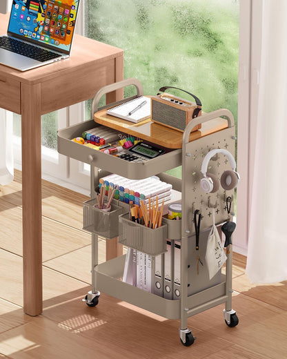 3 Tier Metal Rolling Cart with Drawer,Wood Top,Pegboards,Khaki | Storage Utility Cart with Drawers,Pegboards,Lockable Wheels,Baskets,Hooks for Kitchen,Office,Bedroom,Diy Supplies