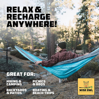 Hammock for Camping Double Hammocks Gear for the Outdoors Backpacking Survival or Travel - Portable Lightweight Parachute Nylon DO Black & Grey