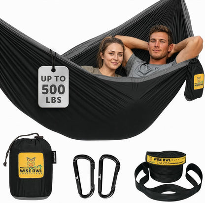 Hammock for Camping Double Hammocks Gear for the Outdoors Backpacking Survival or Travel - Portable Lightweight Parachute Nylon DO Black & Grey