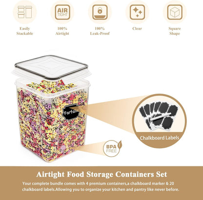 Flour Storage Containers 5.2L, 4 PCS Food Storage Containers, Black | for Bulk Flour and Sugar Storage, Airtight Seal, BPA Free, Food Grade Material, 20 Labels Included