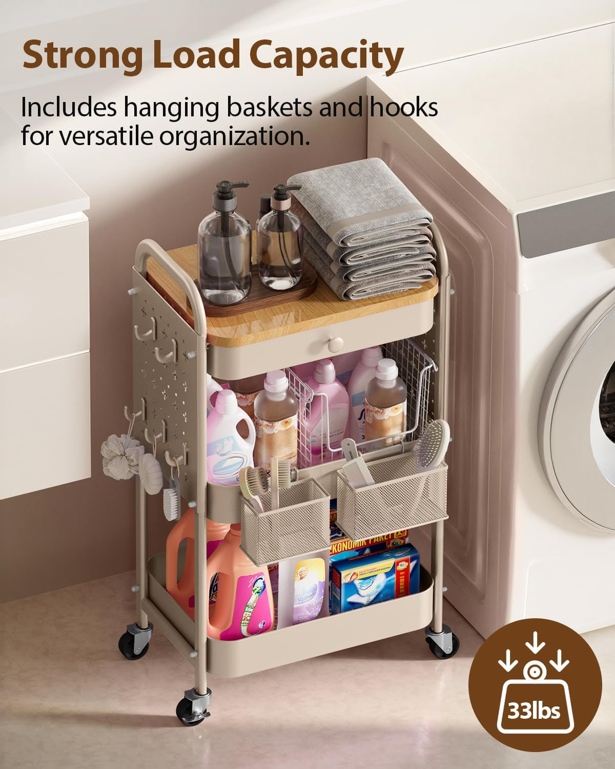 3 Tier Metal Rolling Cart with Drawer,Wood Top,Pegboards,Khaki | Storage Utility Cart with Drawers,Pegboards,Lockable Wheels,Baskets,Hooks for Kitchen,Office,Bedroom,Diy Supplies
