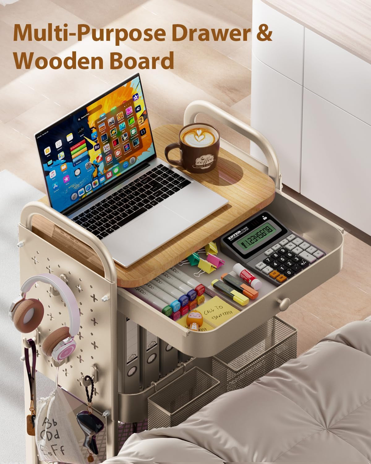 3 Tier Metal Rolling Cart with Drawer,Wood Top,Pegboards,Khaki | Storage Utility Cart with Drawers,Pegboards,Lockable Wheels,Baskets,Hooks for Kitchen,Office,Bedroom,Diy Supplies
