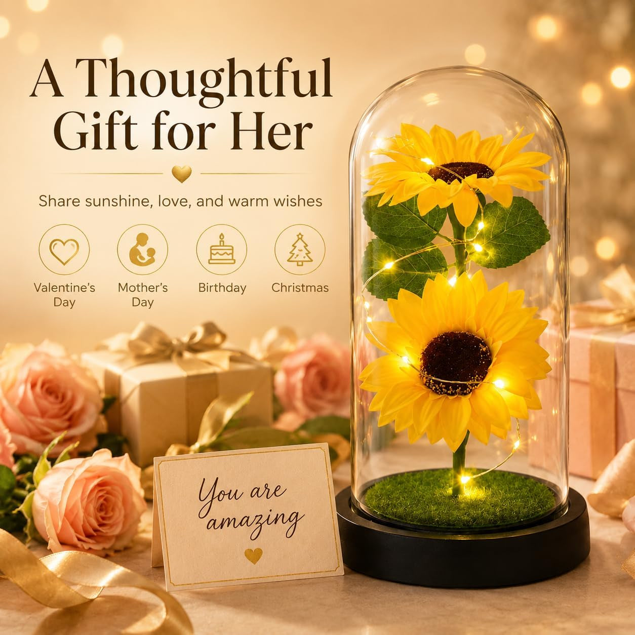 Sunflower Gifts for Women,Sunflower Lamp,Preserved Sunflower in Glass Dome | Light up Sunflower,Sun Flowers Home Decor,Gifts for Sunflower Lovers,Present for Christmas,Birthday,Mothers Day
