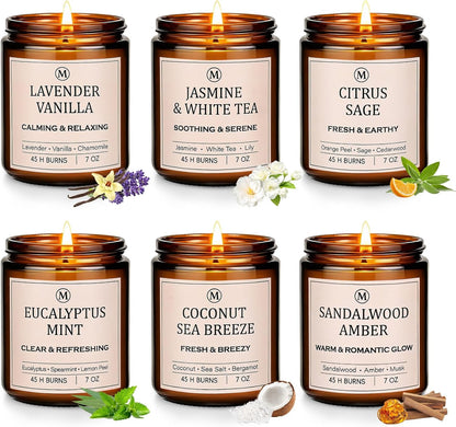 Scented Candles for Home, 6-Pack Soy Candle Gift Set, up to 300 Hours | Six Relaxing Scents, 7Oz Each. Natural Long-Lasting Aromatherapy Candles for Home, Spa Relaxation & Birthday Gifts for Women