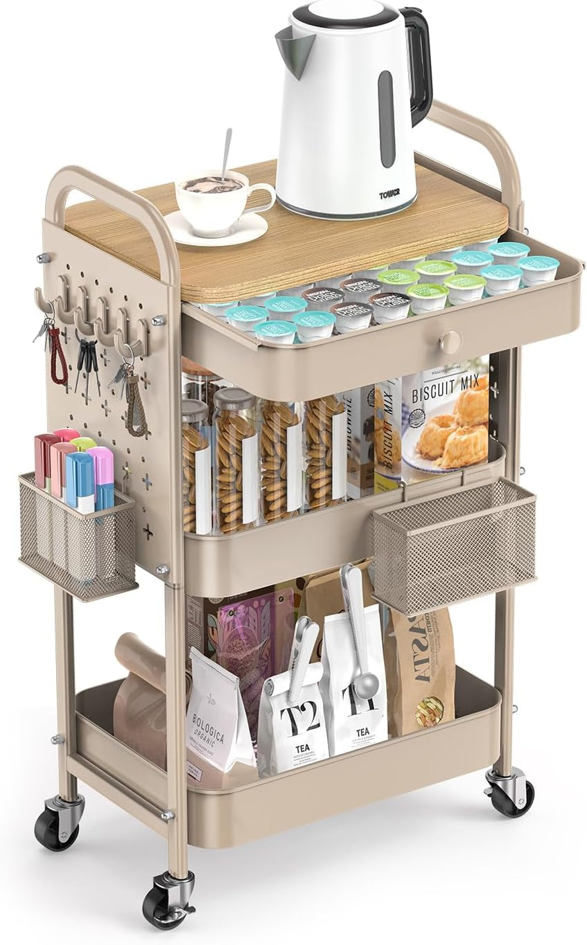 3 Tier Metal Rolling Cart with Drawer,Wood Top,Pegboards,Khaki | Storage Utility Cart with Drawers,Pegboards,Lockable Wheels,Baskets,Hooks for Kitchen,Office,Bedroom,Diy Supplies
