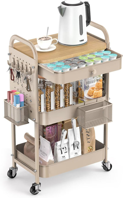 3 Tier Metal Rolling Cart with Drawer,Wood Top,Pegboards,Khaki | Storage Utility Cart with Drawers,Pegboards,Lockable Wheels,Baskets,Hooks for Kitchen,Office,Bedroom,Diy Supplies