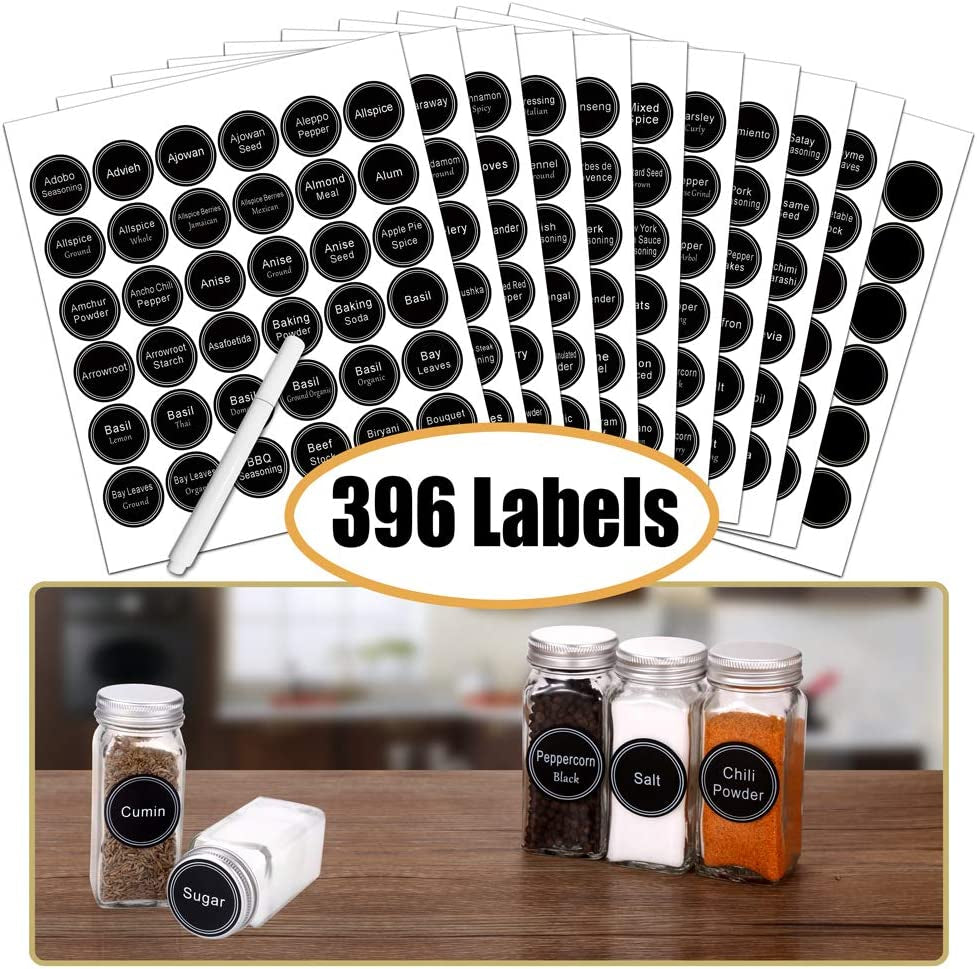 Spice Rack Organizer with 32 Glass Spice Jars and 396 Spice Labels | Chalk Marker, Funnel - Spice Organizer for Cabinet, Countertop, Pantry, Cupboard & Wall Mount, 14.8" W × 12.6" H, Black