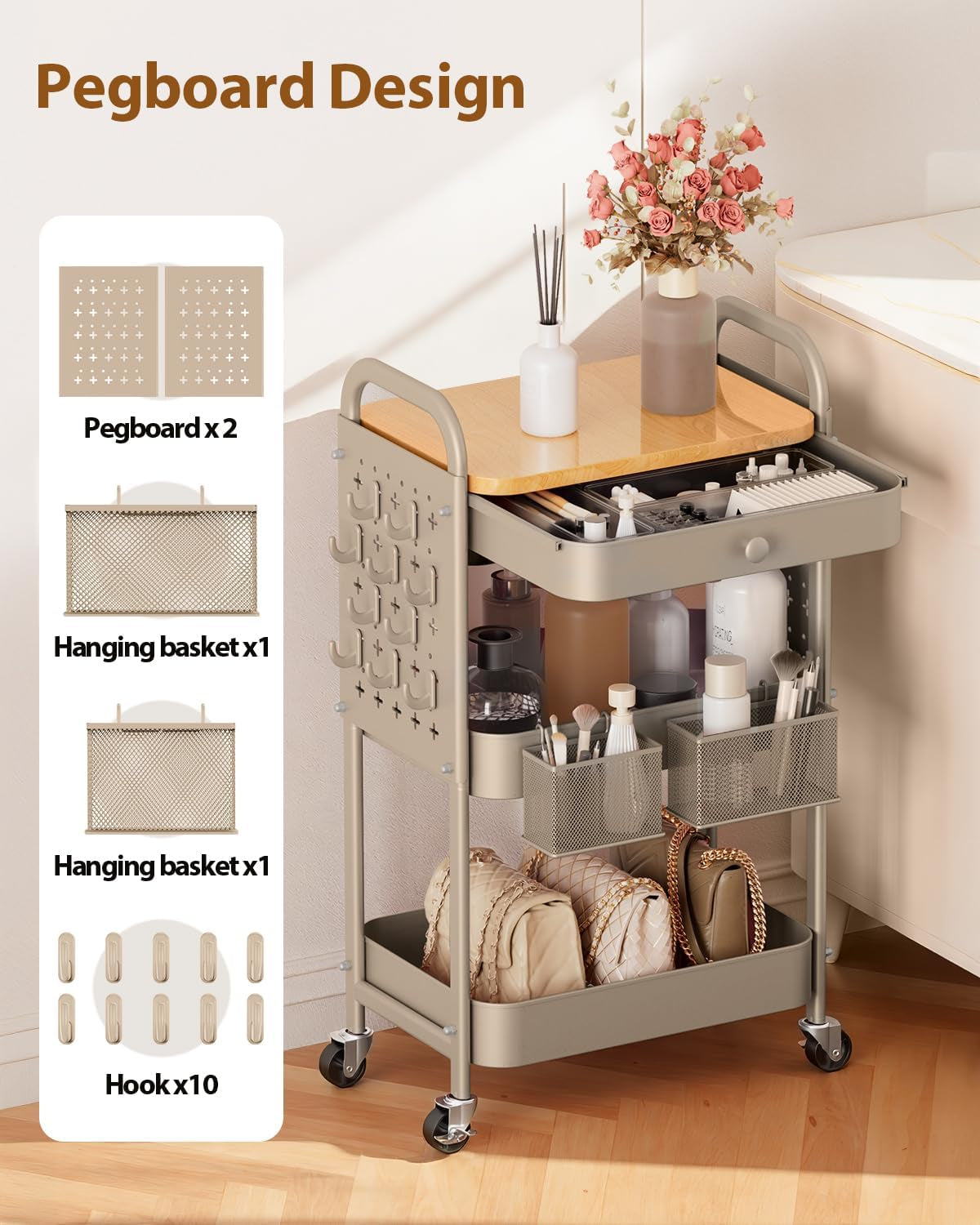 3 Tier Metal Rolling Cart with Drawer,Wood Top,Pegboards,Khaki | Storage Utility Cart with Drawers,Pegboards,Lockable Wheels,Baskets,Hooks for Kitchen,Office,Bedroom,Diy Supplies