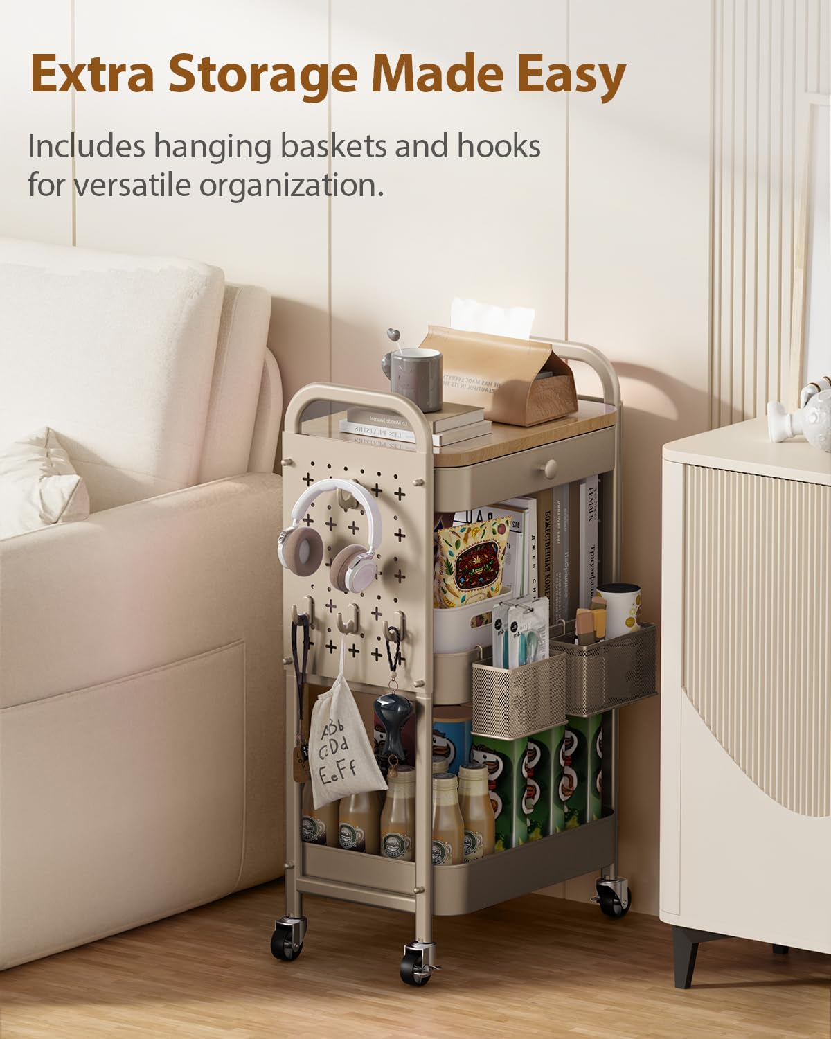 3 Tier Metal Rolling Cart with Drawer,Wood Top,Pegboards,Khaki | Storage Utility Cart with Drawers,Pegboards,Lockable Wheels,Baskets,Hooks for Kitchen,Office,Bedroom,Diy Supplies