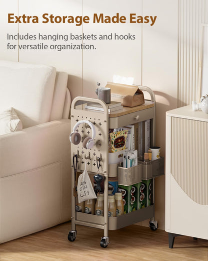 3 Tier Metal Rolling Cart with Drawer,Wood Top,Pegboards,Khaki | Storage Utility Cart with Drawers,Pegboards,Lockable Wheels,Baskets,Hooks for Kitchen,Office,Bedroom,Diy Supplies