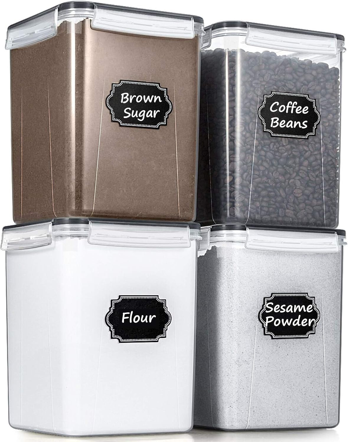 Flour Storage Containers 5.2L, 4 PCS Food Storage Containers, Black | for Bulk Flour and Sugar Storage, Airtight Seal, BPA Free, Food Grade Material, 20 Labels Included