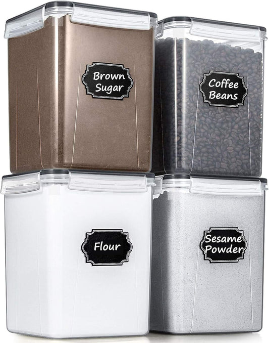 Flour Storage Containers 5.2L, 4 PCS Food Storage Containers, Black | for Bulk Flour and Sugar Storage, Airtight Seal, BPA Free, Food Grade Material, 20 Labels Included