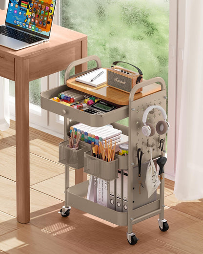 3 Tier Metal Rolling Cart with Drawer,Wood Top,Pegboards,Khaki | Storage Utility Cart with Drawers,Pegboards,Lockable Wheels,Baskets,Hooks for Kitchen,Office,Bedroom,Diy Supplies