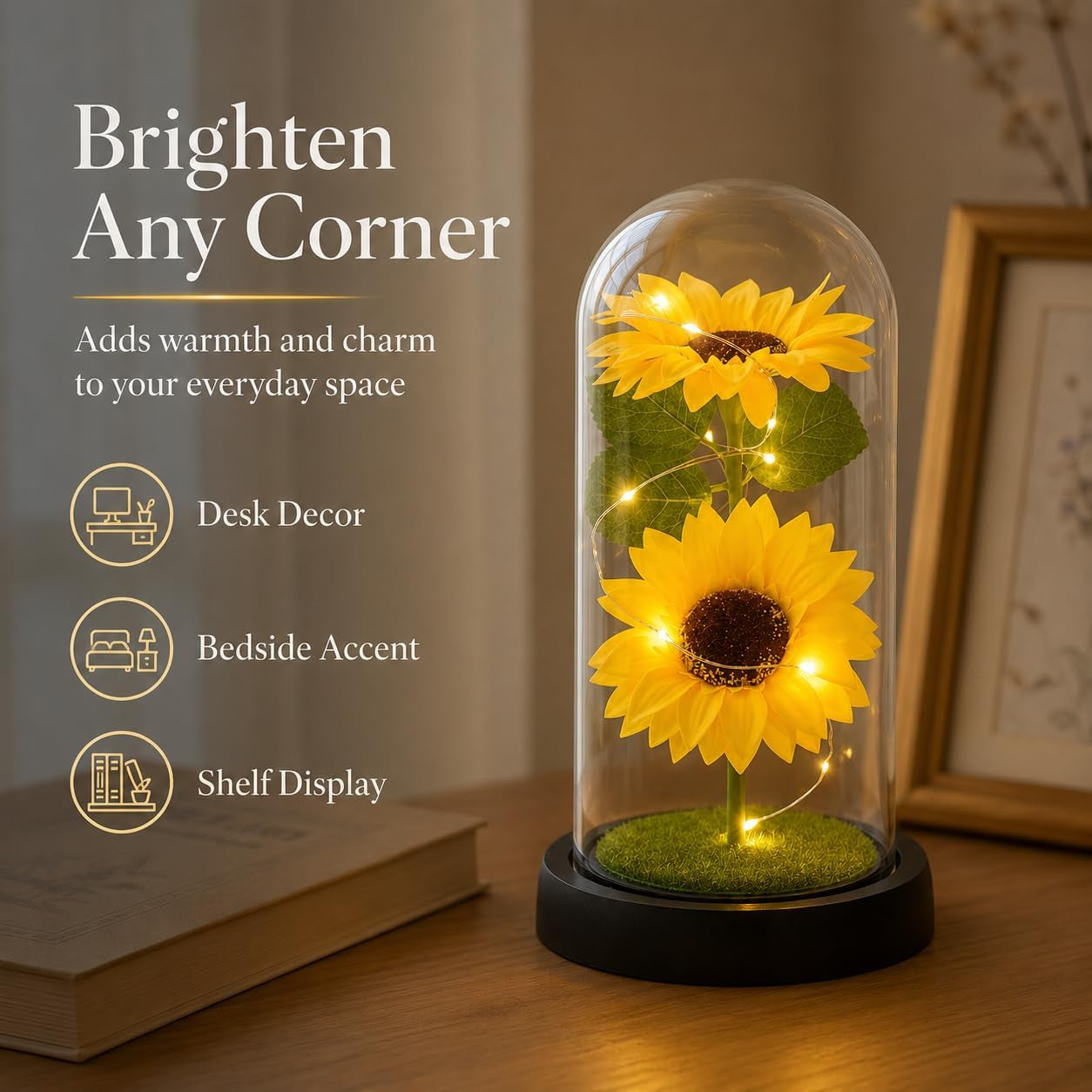 Sunflower Gifts for Women,Sunflower Lamp,Preserved Sunflower in Glass Dome | Light up Sunflower,Sun Flowers Home Decor,Gifts for Sunflower Lovers,Present for Christmas,Birthday,Mothers Day