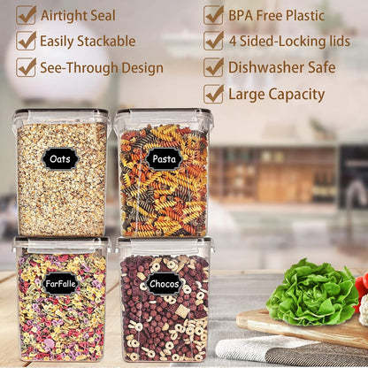 Flour Storage Containers 5.2L, 4 PCS Food Storage Containers, Black | for Bulk Flour and Sugar Storage, Airtight Seal, BPA Free, Food Grade Material, 20 Labels Included