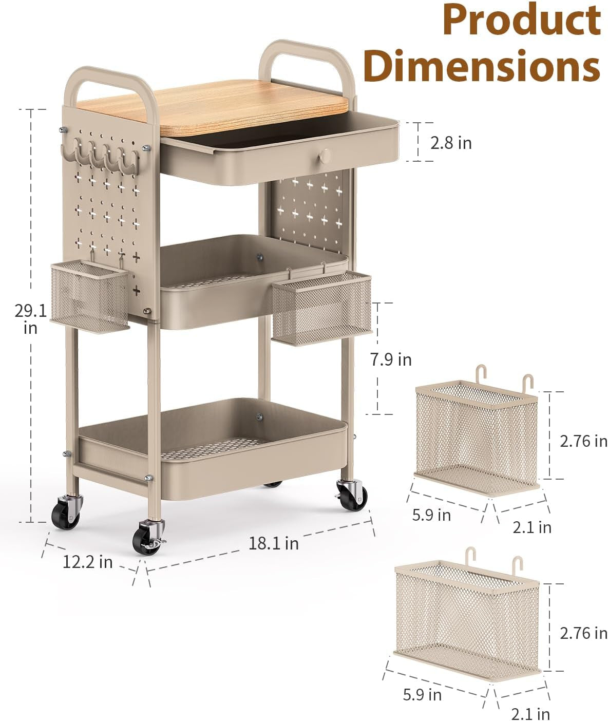 3 Tier Metal Rolling Cart with Drawer,Wood Top,Pegboards,Khaki | Storage Utility Cart with Drawers,Pegboards,Lockable Wheels,Baskets,Hooks for Kitchen,Office,Bedroom,Diy Supplies