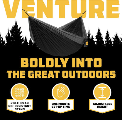 Hammock for Camping Double Hammocks Gear for the Outdoors Backpacking Survival or Travel - Portable Lightweight Parachute Nylon DO Black & Grey